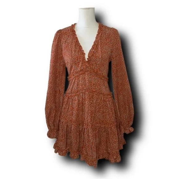 Lulus Admire You Orange Floral Print Ruffled Long Sleeve Cottagecore Mini Dress - Picture 7 of 10